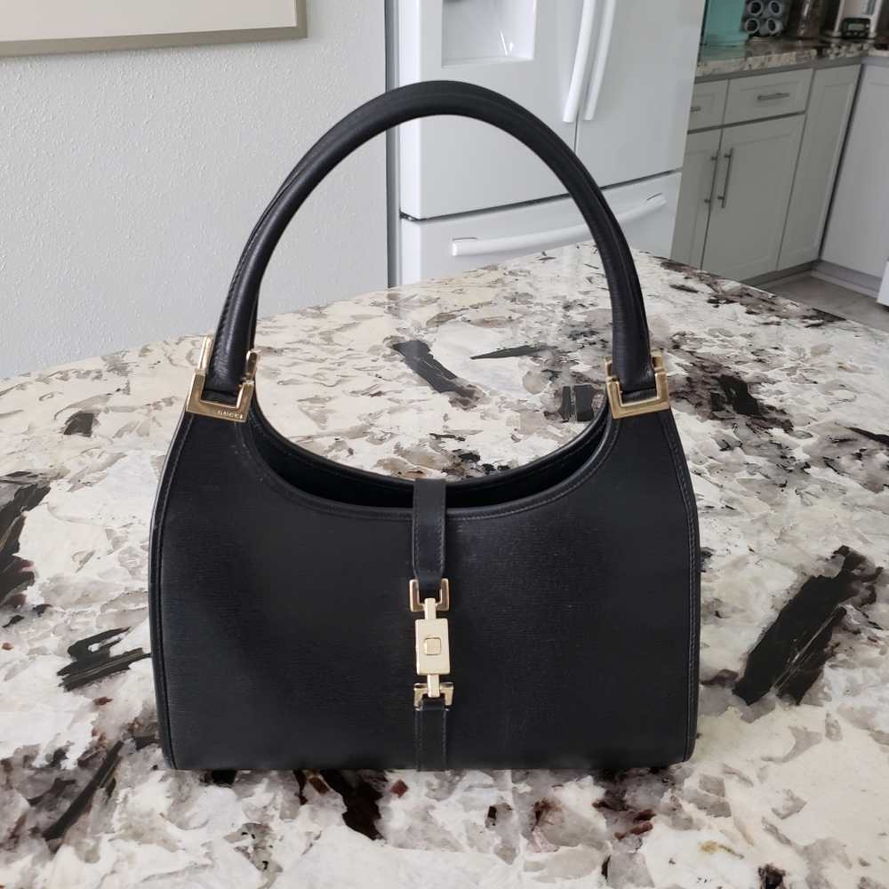 Sold. Gucci black leather Jackie bag, rare vintage